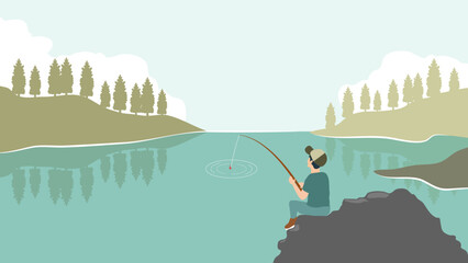 Flat vector illustration of a man fishing by the lake with scenic nature landscape background.