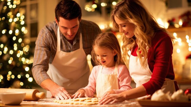 Family baking Christmas cookies together in a warmly lit kitchen adorned with festive decorations