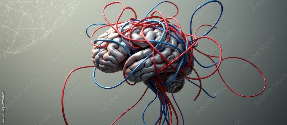 Poster abstract brain with tangled wires on a minimalist background.