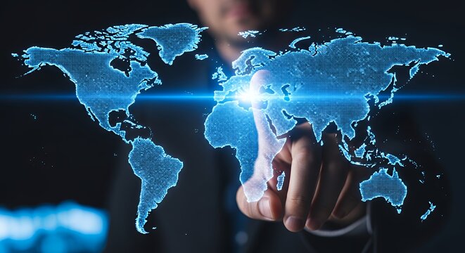 Hand Interacting with Digital World Map for Global Business Connection - Powered by Adobe