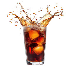 Fresh Cola drink with ice cubes in glass splash droplets 