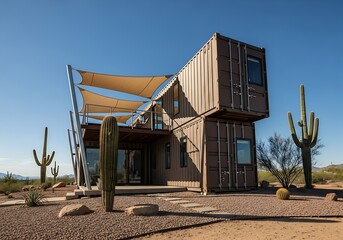 Naklejka premium Shipping container house in the desert with cactus and blue sky on a sunny day
