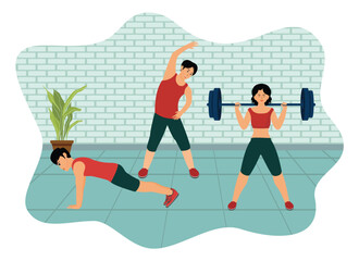 Group of People Exercising with Weights and Stretching in a Fitness Studio.