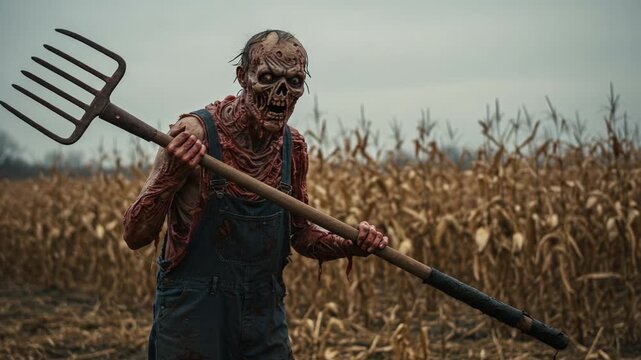 A Terrifying Figure Emerges from the Cornfield: An Eerie Scene of Horror Featuring a Gruesome Monster Armed with a Pitchfork in a Dreadful Landscape