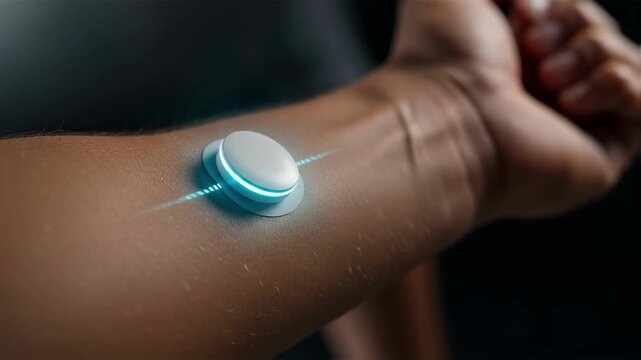Futuristic biosensor on a person's arm monitors vital signs with a glowing blue light, representing wearable technology, biohacking and the future of personalized healthcare
