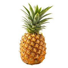 Fresh whole pineapple with spiky green crown isolated on a pure transparent background for tropical food advertising.