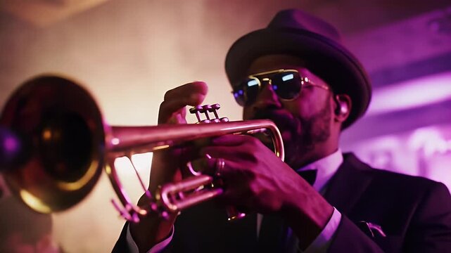 Musician Playing Trumpet in Smoky Club With Pink and Orange Lighting Wearing Black Suit and Hat