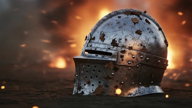 Dynamic Scene of a Fallen Warrior's Helmet on a Fiery Battlefield with Flying Embers