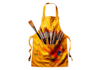 Yellow Apron with Paintbrushes and Splatters isolated on transparent or white background