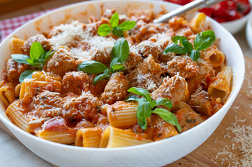 Pasta with delicious fried sausage balls in tomato sauce with parmesan cheese