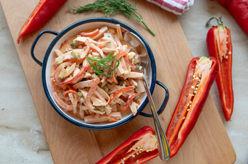 Budapest sausage salad fresh and homemade with sausage, peppers, pickles, marinated in a delicious mayonnaise sauce