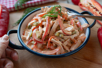 Budapest sausage salad fresh and homemade with sausage, peppers, pickles, marinated in a delicious mayonnaise sauce