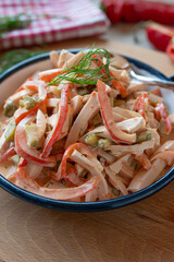 Budapest sausage salad fresh and homemade with sausage, peppers, pickles, marinated in a delicious mayonnaise sauce
