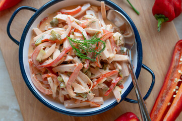 Budapest sausage salad fresh and homemade with sausage, peppers, pickles, marinated in a delicious mayonnaise sauce