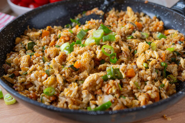 Fried rice with egg and vegetables. Healthy vegetarian food