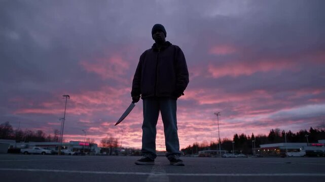 A menacing man with a machete stands in a parking lot against a dramatic sunset, creating a tense atmosphere of danger, horror and a criminal thriller suspense