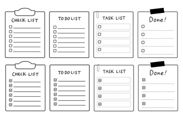 チェックリスト、to doリスト、タスクリスト、doneリストのアイコン。チェックマーク、クリップボードのイラスト。