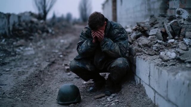 A soldier sits in despair amidst the ruins of a destroyed city, a powerful scene depicting war trauma, post-traumatic stress disorder, loss, and the devastating consequences of conflict