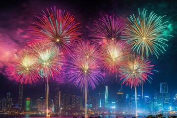 Stunning fireworks burst into colorful displays above a bustling city skyline, creating a festive atmosphere. The night sky is filled with vibrant colors and patterns