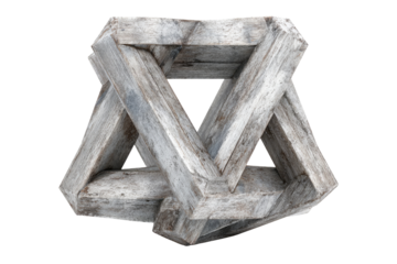 3D wooden impossible triangle structure.  Complex,  geometric,  light gray,  rustic,  interlocking,  triangular,  optical illusion