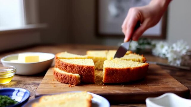 Golden sponge cake sliced on a wooden board in an inviting kitchen setup