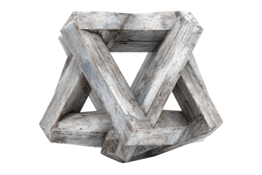 3D wooden impossible triangle structure.  Complex,  geometric,  light gray,  rustic,  interlocking,  triangular,  optical illusion