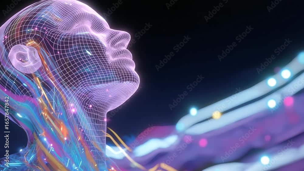 Poster a mesmerizing ai hologram crafts vibrant art and music through dynamic streams of colorful light.