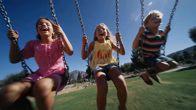 Joyful laughing children swinging high on a playground on a sunny day, a dynamic shot capturing the essence of happy childhood, friendship and carefree summer moments