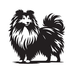 Shetland Sheepdog vector silhouette, elegant herding breed outline, loyal companion design, fluffy fur contour, intelligent posture, canine graphic art, dog lover emblem, minimal modern editable illus