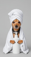 Dog with towel and lotion