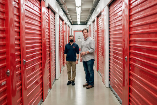 Caucasian middle aged man and Hispanic young adult man standing in hallway of storage facility, both looking at camera, surrounded by rows of red storage unit doors