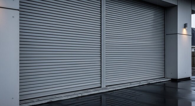 Close up of a metal shutter door with a unique pattern and design element