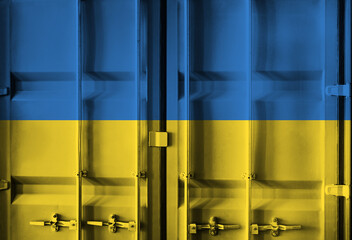 Shipping container with Ukrainian national flag overlay