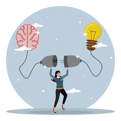 Connecting new idea or innovation concept. Woman connect plug with light bulb idea to human brain.