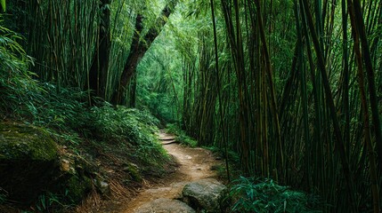 Serene bamboo forest path invites peaceful exploration through vibrant green natural sanctuary
