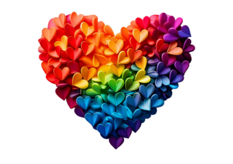 Colorful heart made of splashes, LGBTQ Rainbow made out of hearts isolated on transparent white background