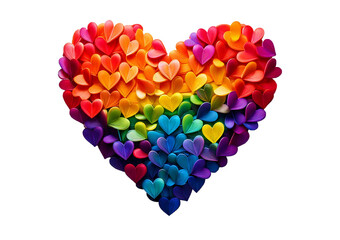 Colorful heart made of splashes, LGBTQ Rainbow made out of hearts isolated on transparent white background