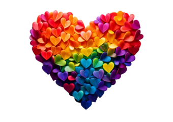 Colorful heart made of splashes, LGBTQ Rainbow made out of hearts isolated on transparent white background