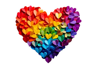 Colorful heart made of splashes, LGBTQ Rainbow made out of hearts isolated on transparent white background