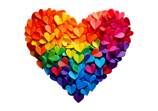 Colorful heart made of splashes, LGBTQ Rainbow made out of hearts isolated on transparent white background - Powered by Adobe