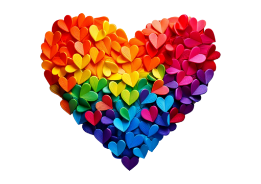 Colorful heart made of splashes, LGBTQ Rainbow made out of hearts isolated on transparent white background