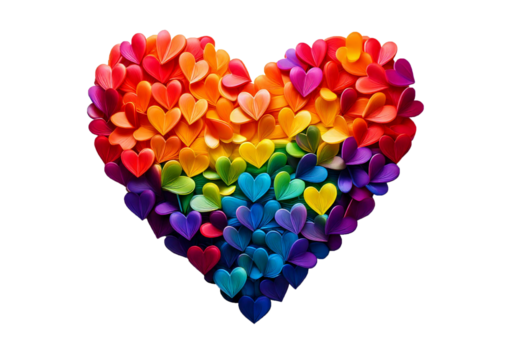 Colorful heart made of splashes, LGBTQ Rainbow made out of hearts isolated on transparent white background