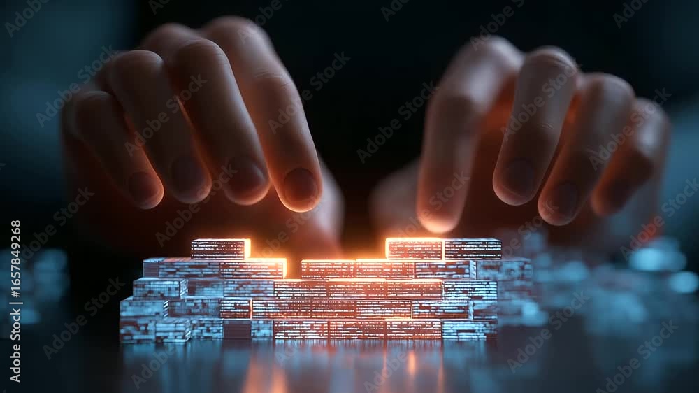 Poster creating a virtual firewall using code blocks in a futuristic holographic environment.