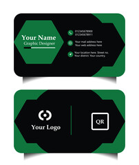 Modern green and black business card design with qr code and hexagonal elements