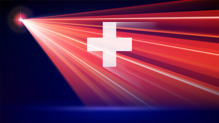 Laser flag of switzerland. Swiss abstract national flag. State, government show. Template of banner, poster for national holiday switzerland. Blue background. Place for text. Copy space. Vector