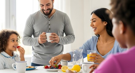 A multiethnic family enjoying a happy breakfast together at home, sharing laughter and healthy food in a warm, casual atmosphere