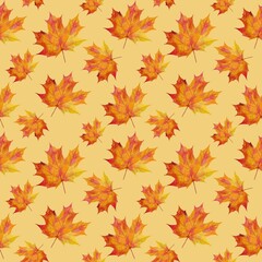 Fototapeta premium Seamless pattern maples leaves on light yellow background watercolor illustration. Print, perfect for branding, packaging, and autumn festival products