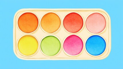 Colorful paint palette in a light-colored tray.