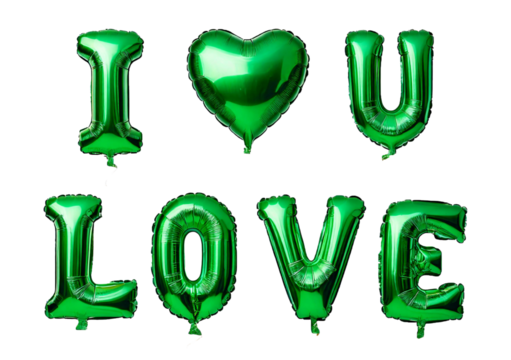 I LOVE YOU and heart shaped green foil shiny balloons isolated on transparent or white background