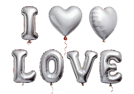 I LOVE YOU and heart shaped White foil shiny balloons isolated on transparent or white background